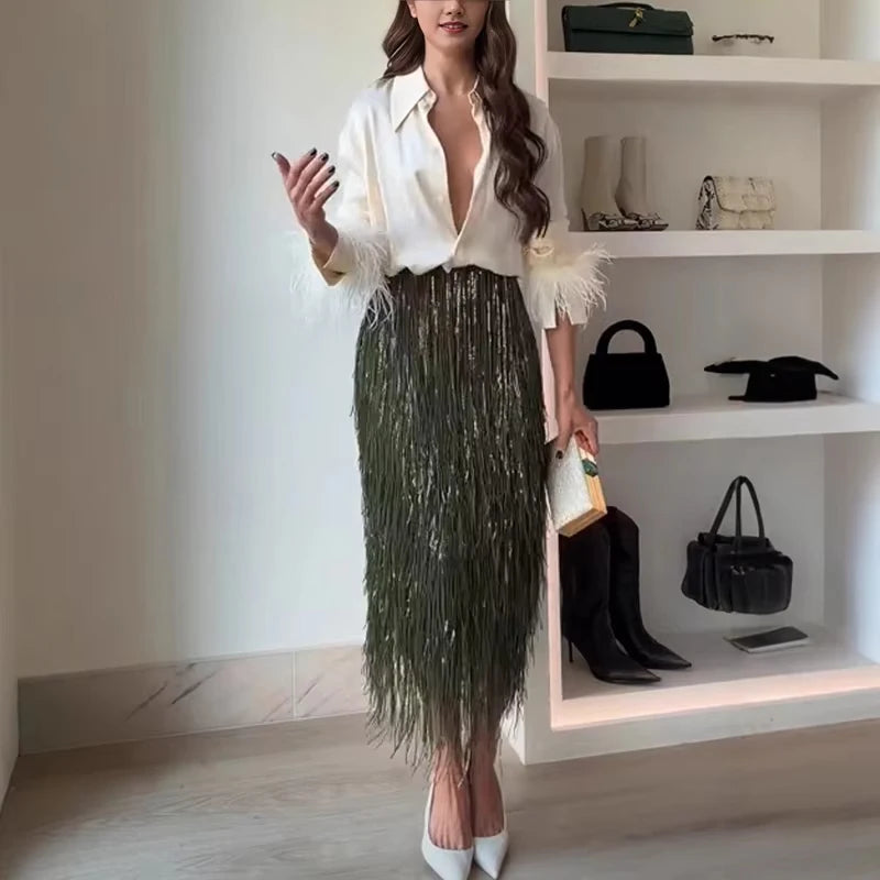 Fashion Lapel Button Shirt & Fringed Skirt Set Women Casual Long Sleeve Party Skirt Outfits Elegant Sequined Long Skirt 2Pc Suit