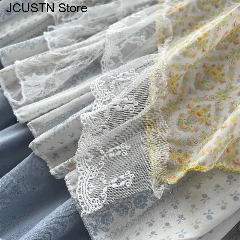 High-Waist Patchwork Lace-Up Skirt