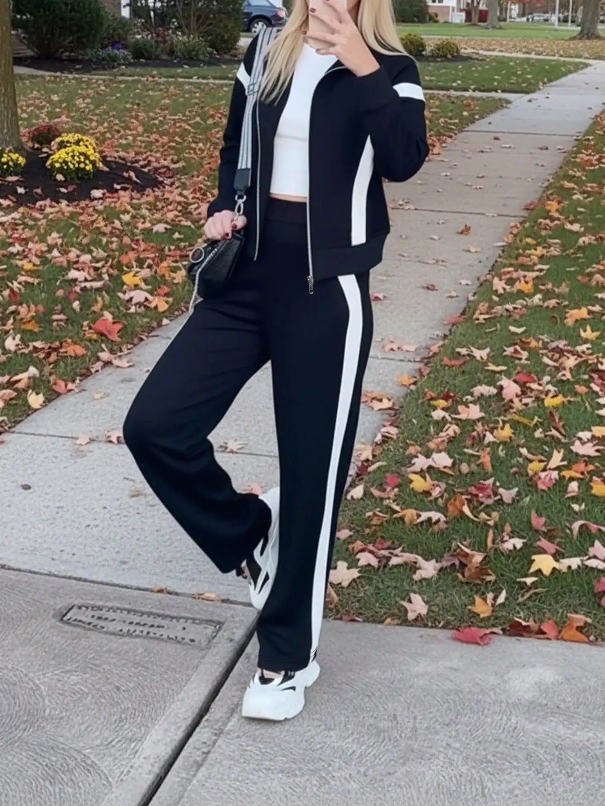 Contrast Long Sleeve Jacket And Striped Trousers Set for Women
