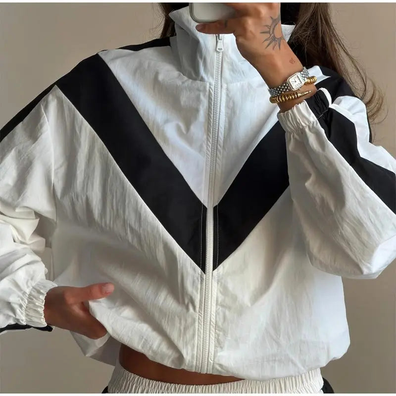 Color Block Zip Up Tracksuit With High Waist Shorts For Women