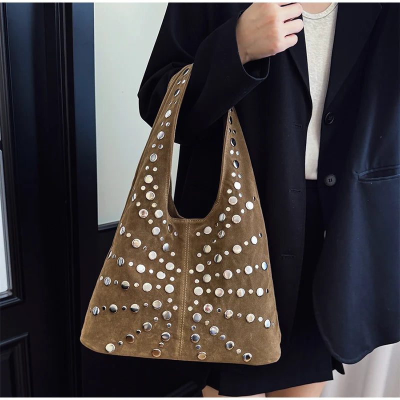 Polka Dot Rivet Tote Bag Women's Fashion Trend Texture Shoulder Bag High-end Luxury Suede Bucket Bag Commuter Female Handbag