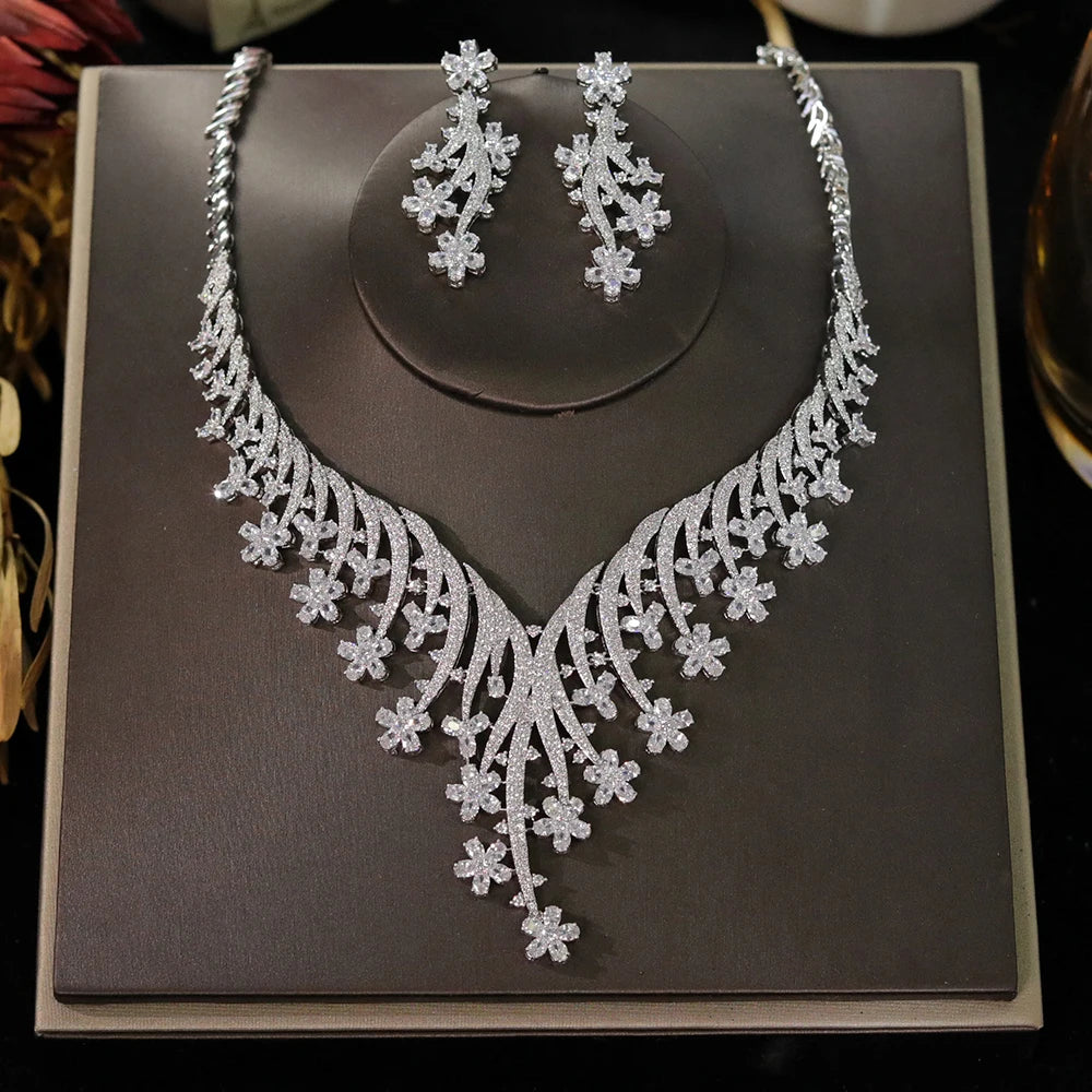 Elegant Floral Crystal Necklace and Earring Set for Women