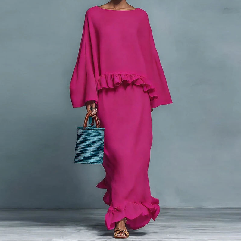 O Neck Long Sleeve Two Piece Maxi Skirt Set for Women