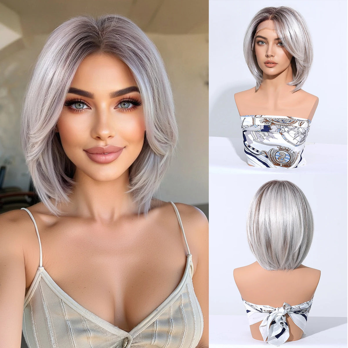 Short Layered Silver Ash Blonde Lace Front Bob Wig For Women