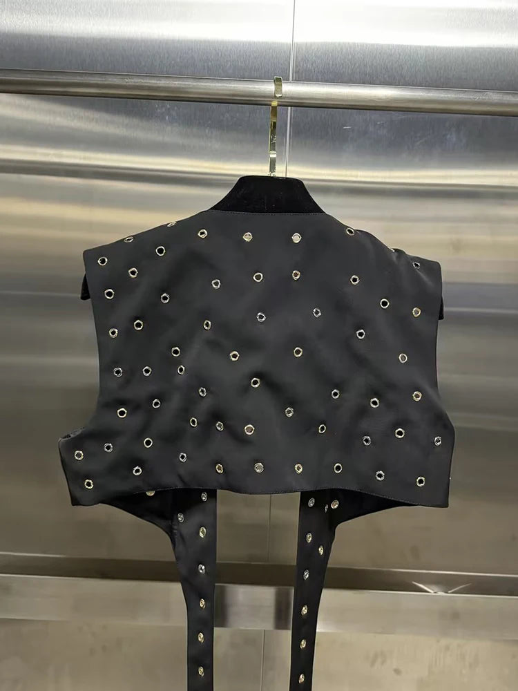VGH Hollow Out Patchwork Rivets Waistcoats For Women V Neck Sleeveless Spliced Belt Slimming Short Waistcoat Female Fashion New