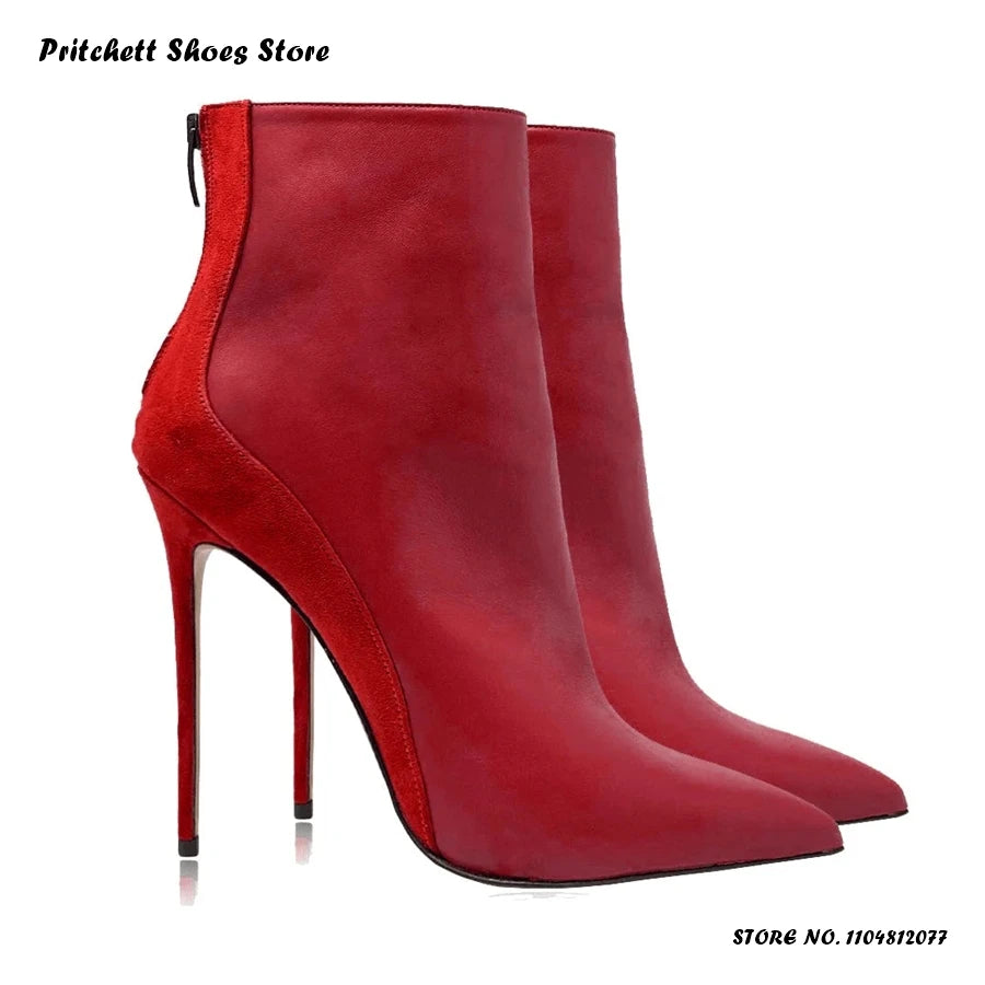 Elegant Pointed Toe Patchwork Ankle Boots With Back Zipper For Women