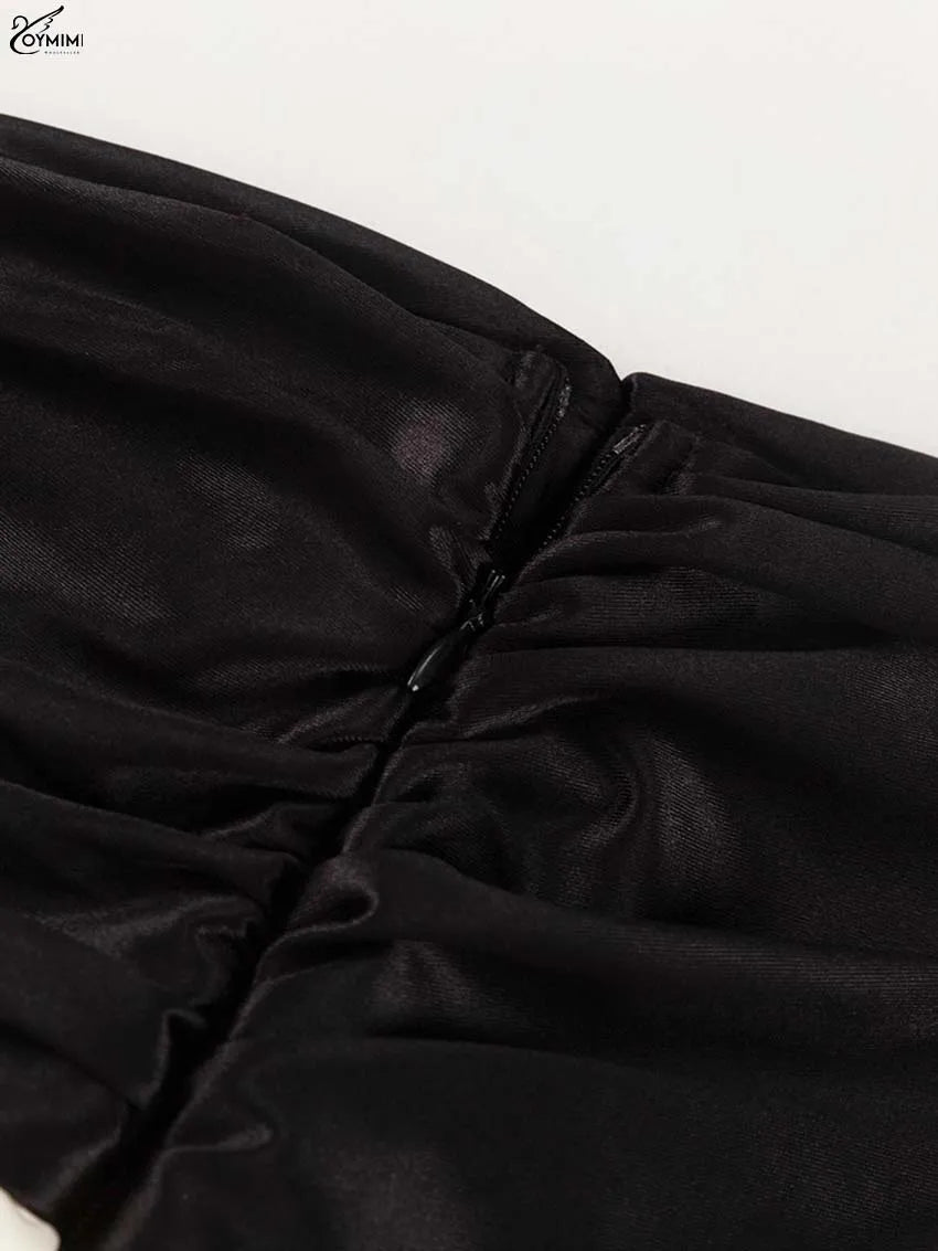 Oymimi Fashion Black Satin 2 Piece Sets Woman Outfits Elegant Long Sleeve Patchwork Zipper Crop Tops And Pleated Mini Skirts Set