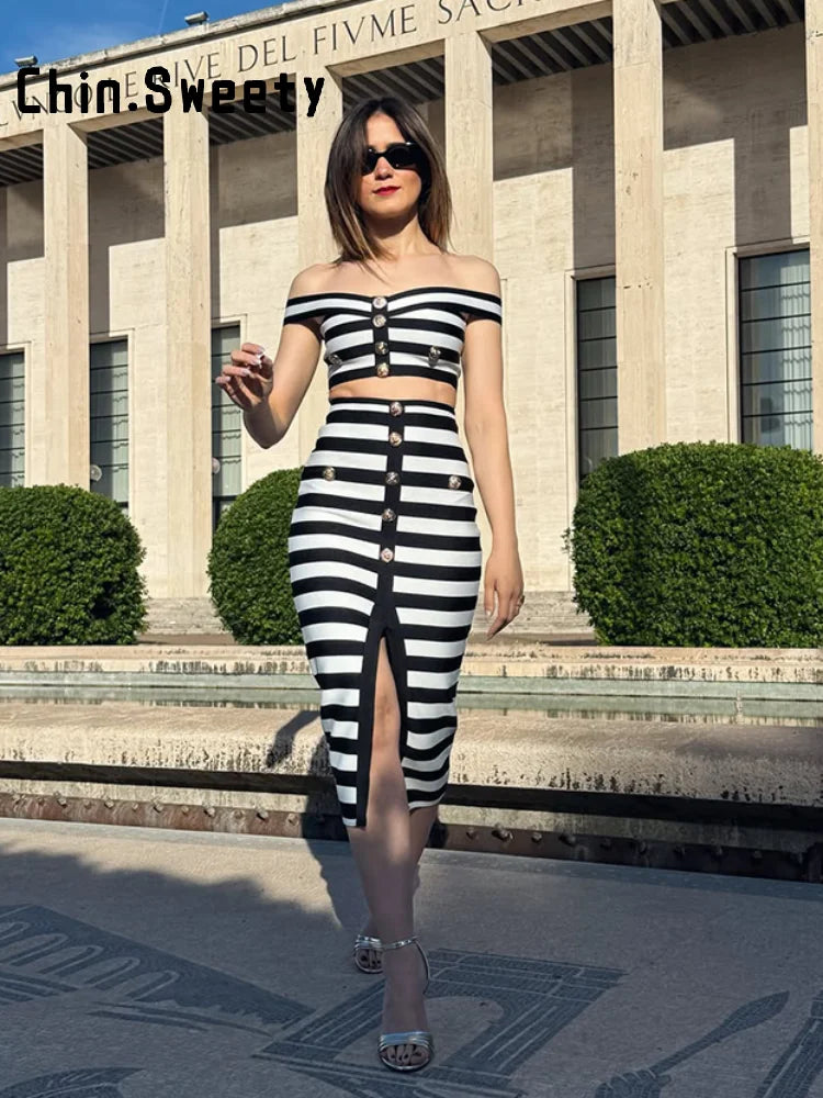 Striped Off Shoulder Sleeveless Two Piece Set For Women
