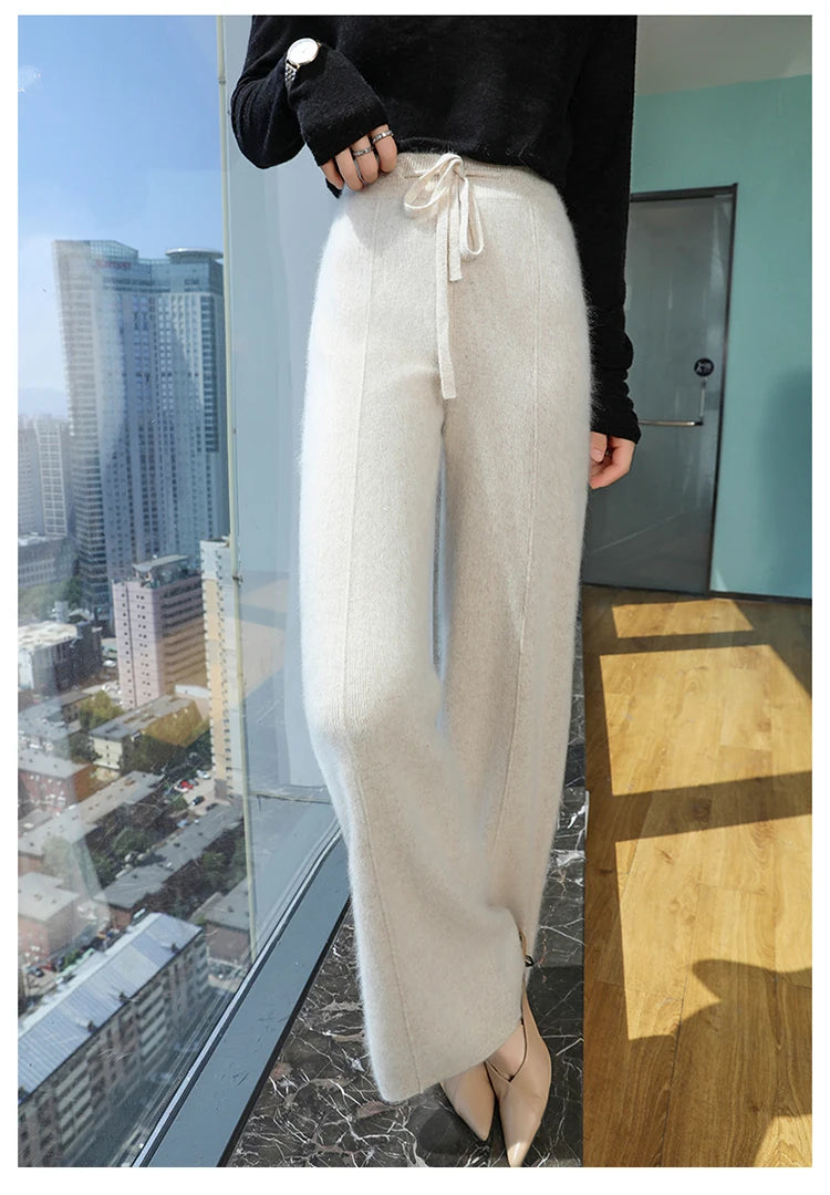 Elastic Waist Wide-Leg Knitted Cashmere Trousers for Women