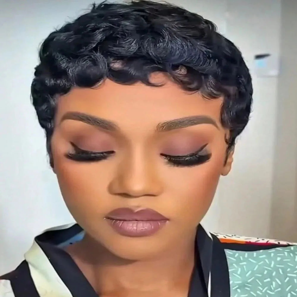 Short Pixie Cut Layered Curly Human Hair Wig for Women