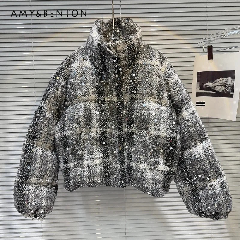 Autumn Winter New Unique Design Parkas Top Sequined Tweed Heavy Industry Soft Girls Warm Bread Jacket Down Coat Women's Clothing