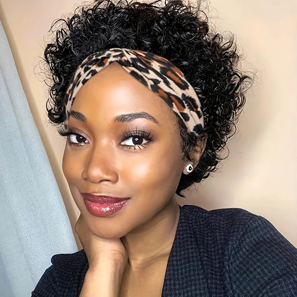 Headband Short Curly Pixie Cut Human Hair Wig for Women