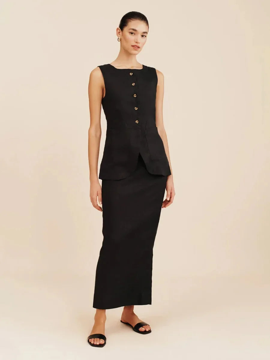 Breathable Linen High Waist Vest And Skirt Set For Women