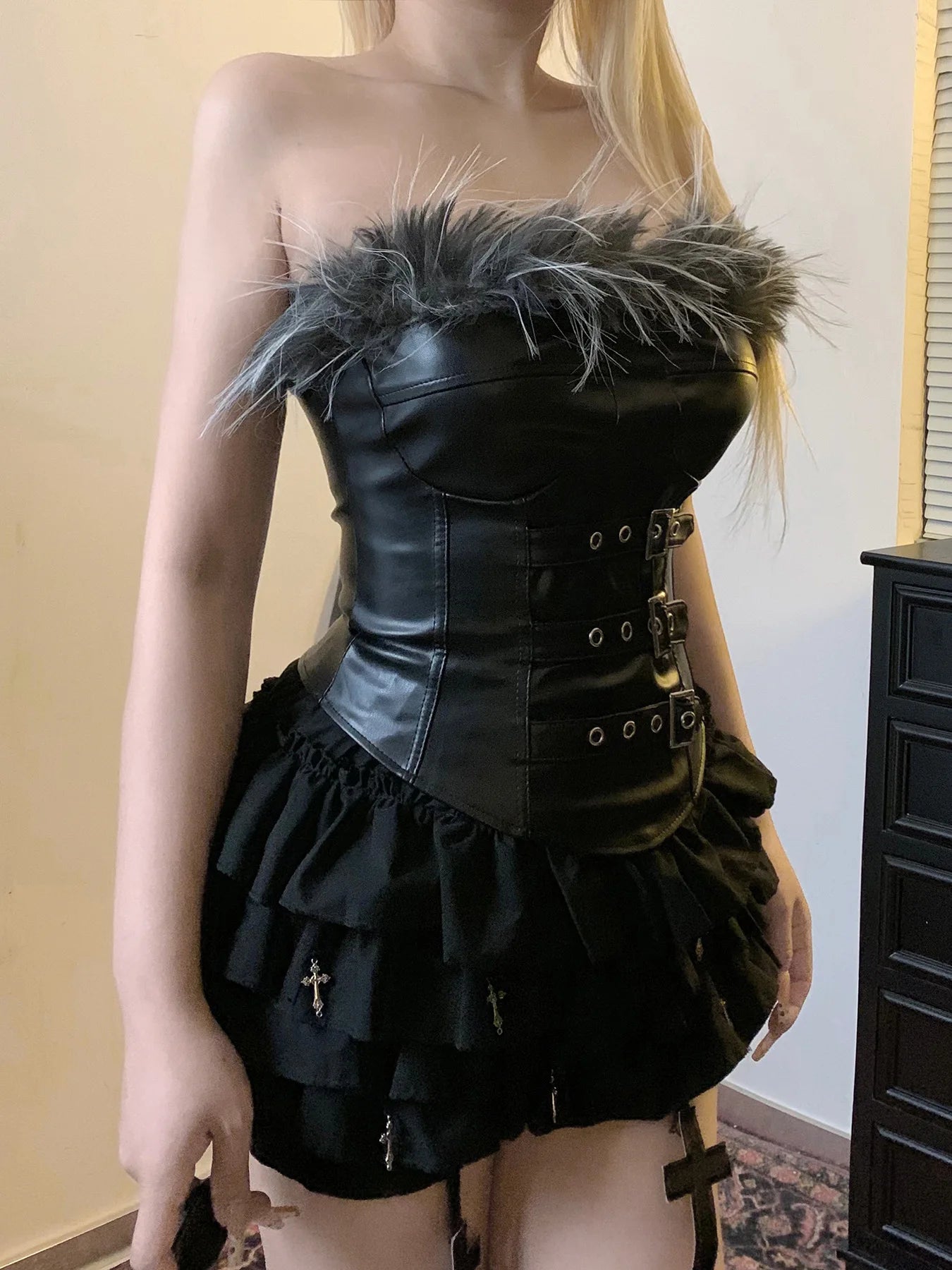 FAGADOER Punk Gothic Sexy Fur Leather Patchwork 2 Pieces Set for Woman Sleeveless Backless Tops and Bubble Puff Skirt Streetwear