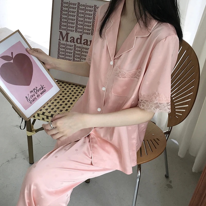 Y2k Pink Sweet Dot Lace Jacquard Women Pajamas French Romantic Lazy Lady Nightgown 2024 New Summer Korean Harajuku Home 2pc Set