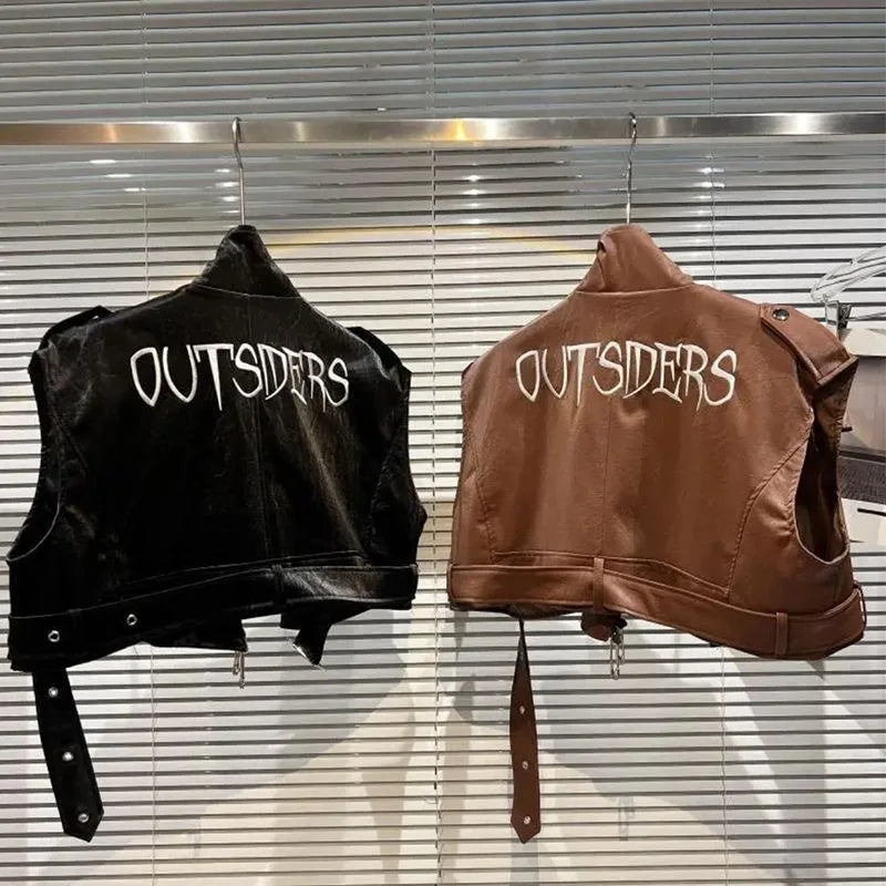 Autumn Faux Leather Vest With Back Letter Embroidered for Women