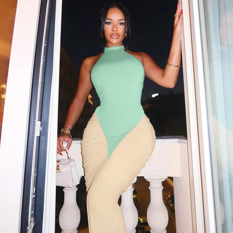 BOOFEENAA Patchwork Halter Backless Maxi Dress for Dinner Evening Gown Sexy Elegant Party Dresses for Woman Fall 2025 C15-CH41