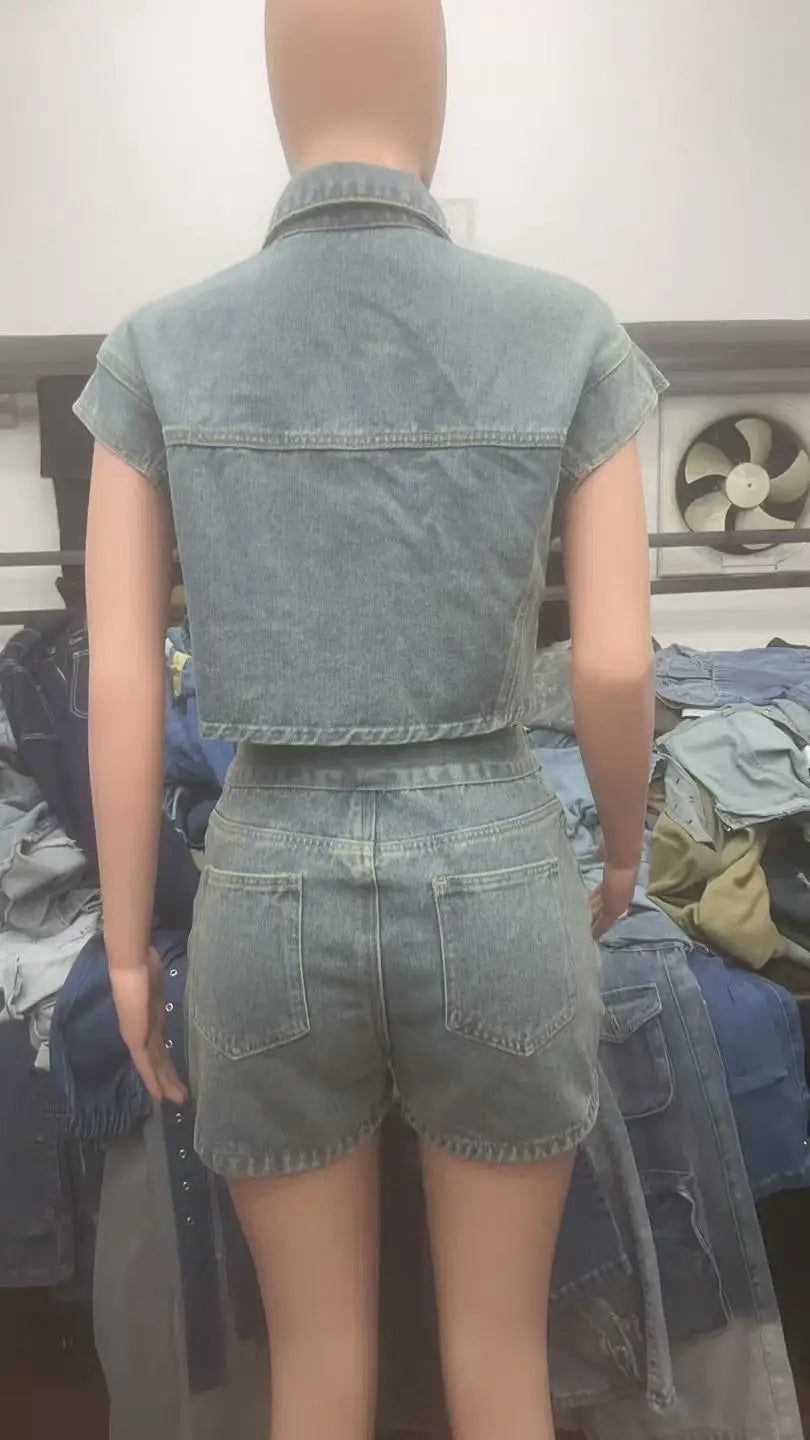 Joskaa Patchwork Stretch Denim 2 Piece Sets Women Lapel Button Pocket Tank Tops and Irregular Shorts Matching 2025 Streetwear