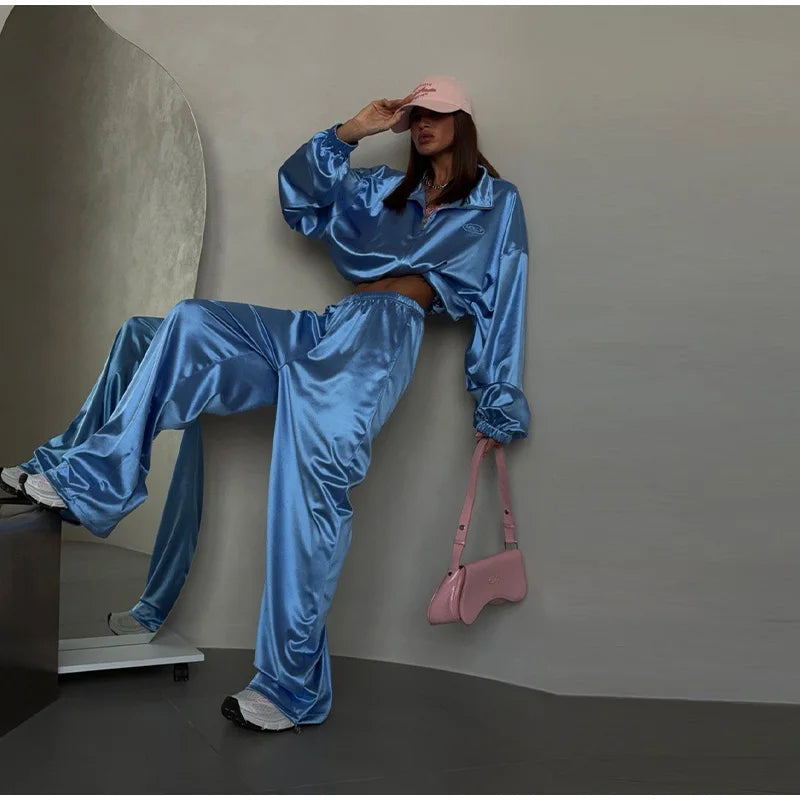 Loose Solid Satin Two Piece Pants Set With Zipper Jacket For Women