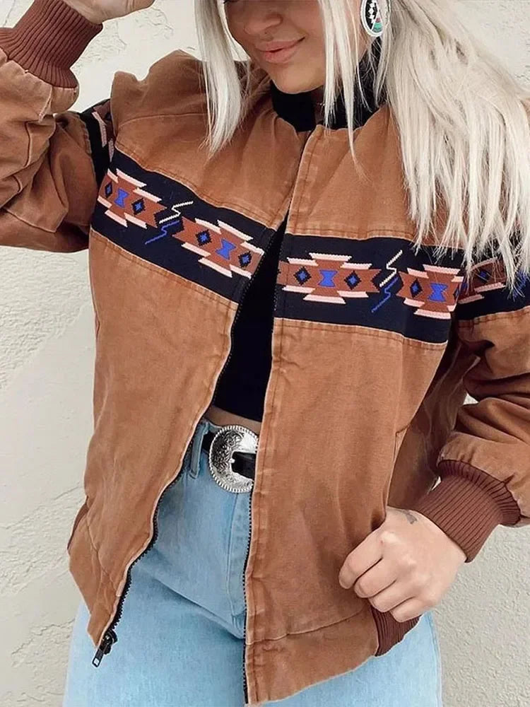 Printed Zippered Stand Collar Lightweight Jacket for Women
