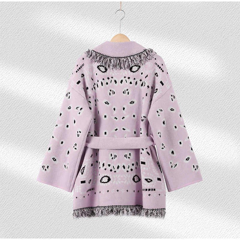 Loose Jacquard Patchwork V-Neck Cardigan With Tassels For Women