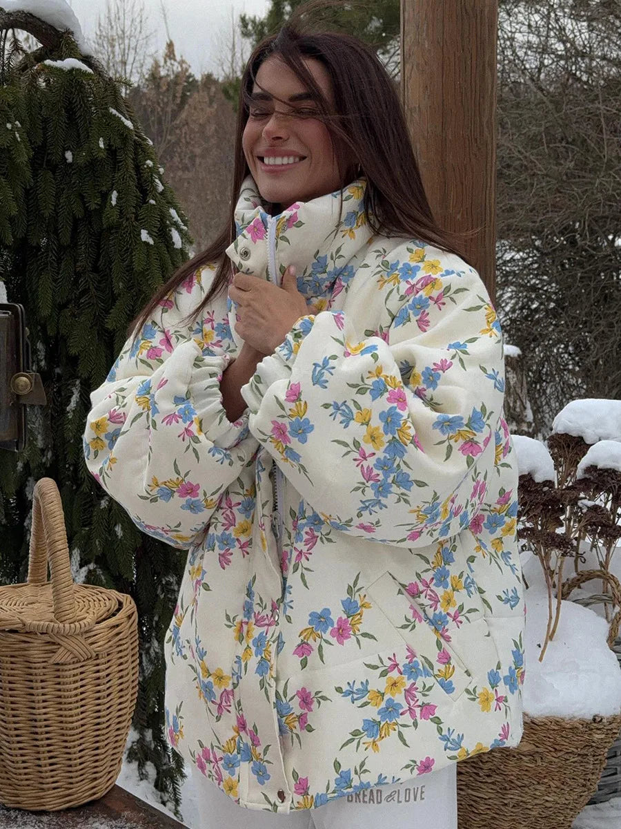 Floral Print Oversized Stand Collar Puffer Jacket For Women