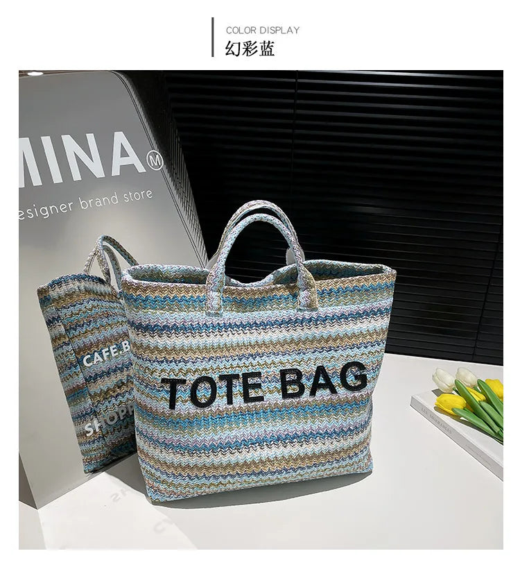 Large capacity beach woven bag, colorful striped tote bag, letter contrasting handbag for women