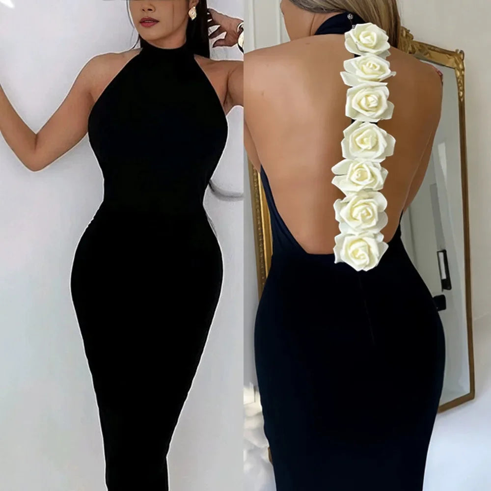 Fashion Evening Party Dresses Woman New Sexy Elegant Rose Detail Mock Neck Sleeveless Backless Bodycon Party Dress 2025 Autumn