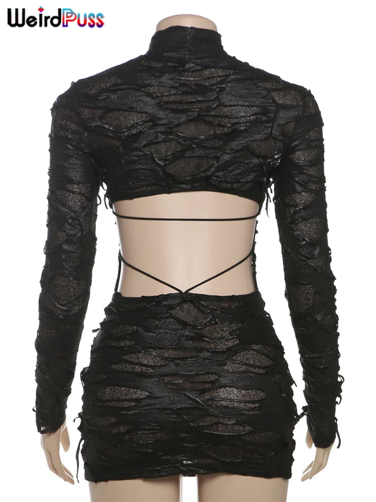 Weird Puss Destruction Style Dress Women Autumn Trend Turtleneck Backless See Through Full Sleeve Skinny Stretch Mini Bodycon