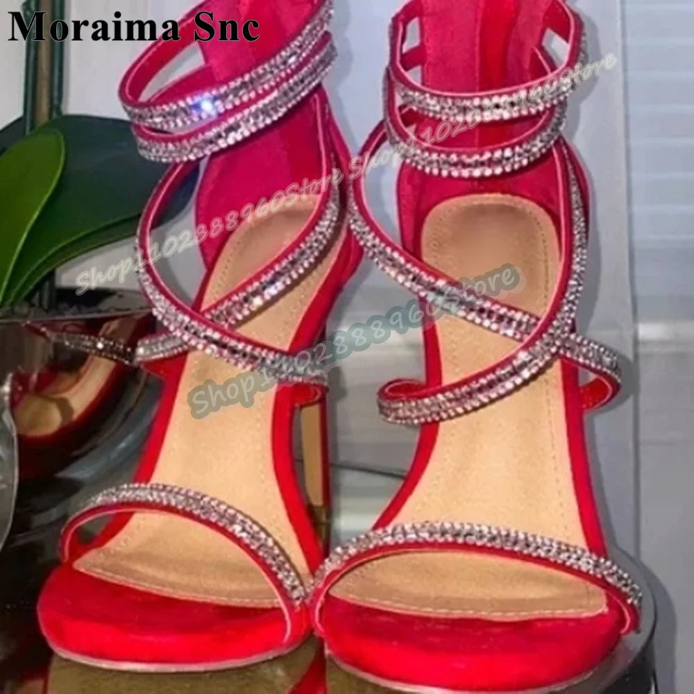 Sparkling Red Crystal Strap Open Toe Stiletto Sandals For Women