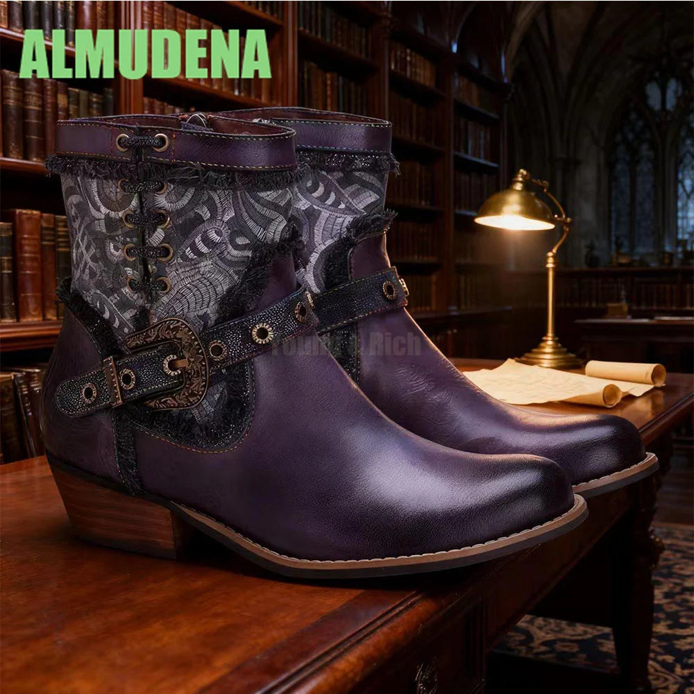 Vintage Western Short Boots With Square Heel And Belt Buckle For Women