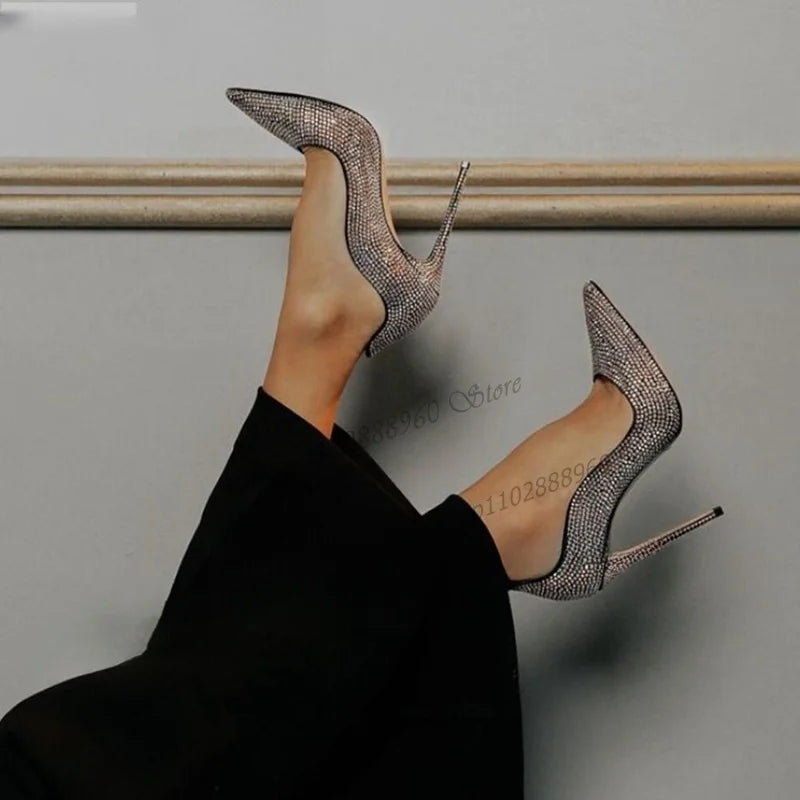 Deluxe Champagne Crystal Pointed Toe Covered Heel Pump for Women