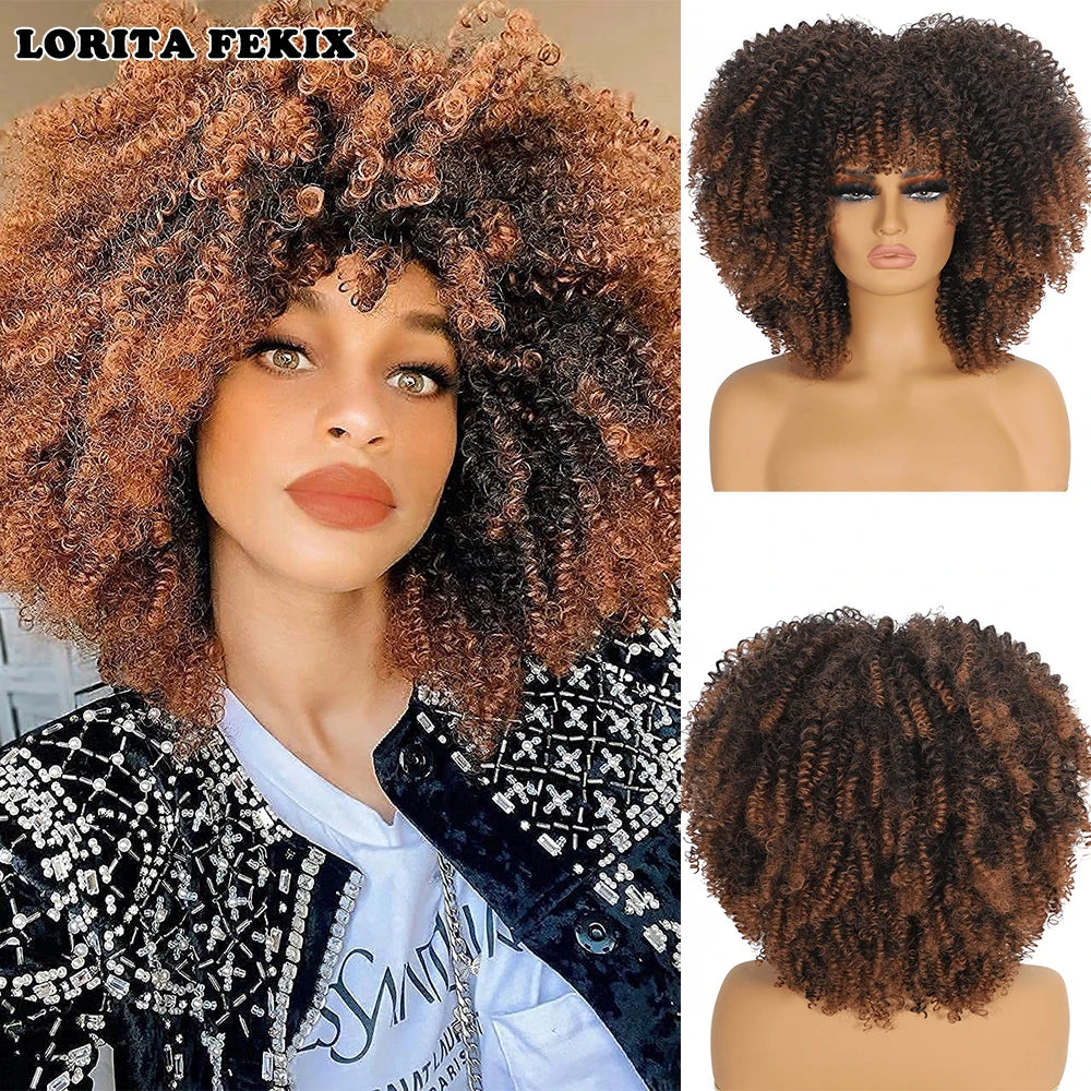 Soft Short Fluffy Afro Curly Wig With Bangs For Women