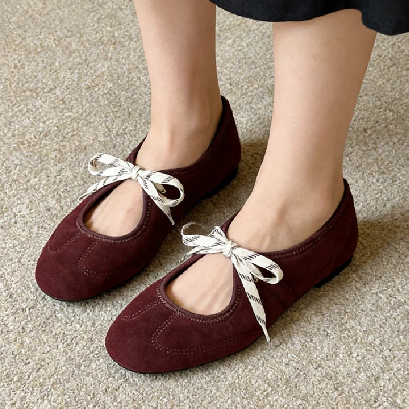 Lace Up Faux Suede Mary Jane Ballet Flats for Women