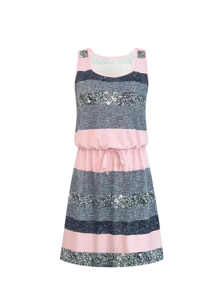 Casual Striped Round Neck Sleeveless Mini Dress for Women