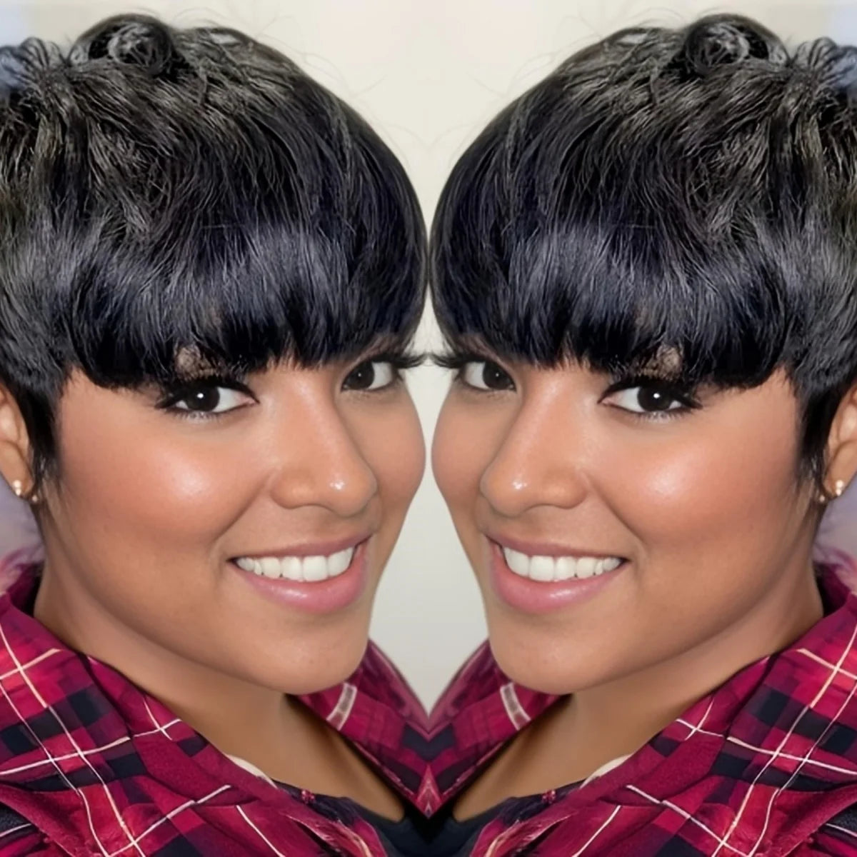 Short Layered Pixie Cut Human Hair Wig with Bangs for Women