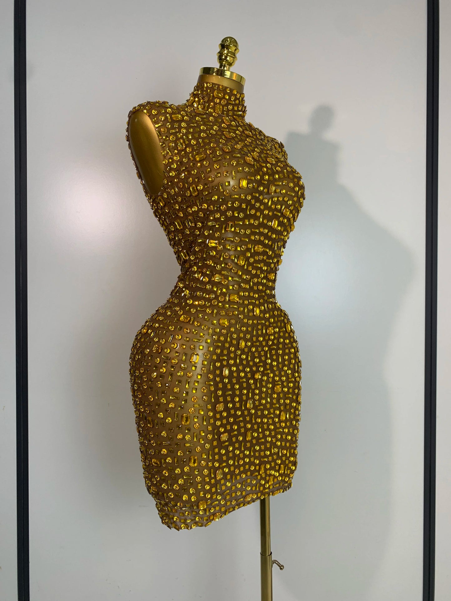 Women Luxury Gold Rhinestone Sexy Mesh Short Dress Sparkly Stage Costume Elegant Party Birthday  Dresses Nightclub Singer Outf