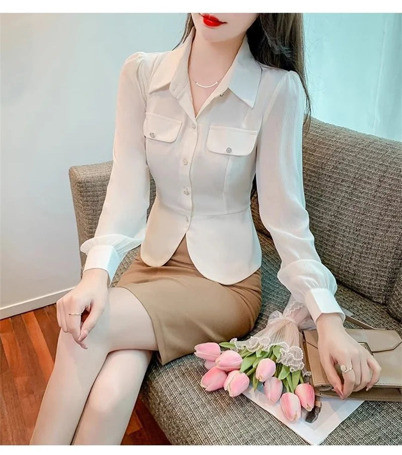 Autumn 2025 New Women Short Long-sleeved Chiffon Blouse Shirt Western-style Blouse Female  Slim Pure Colour Bottoming Shirt