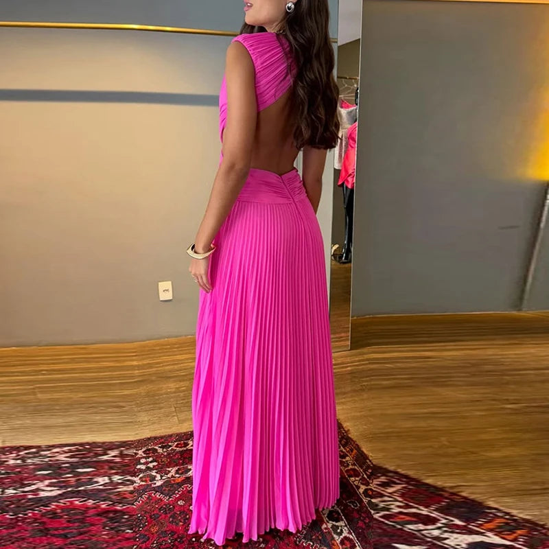 Elegant Backless Cross Pleated Maxi Dress for Women