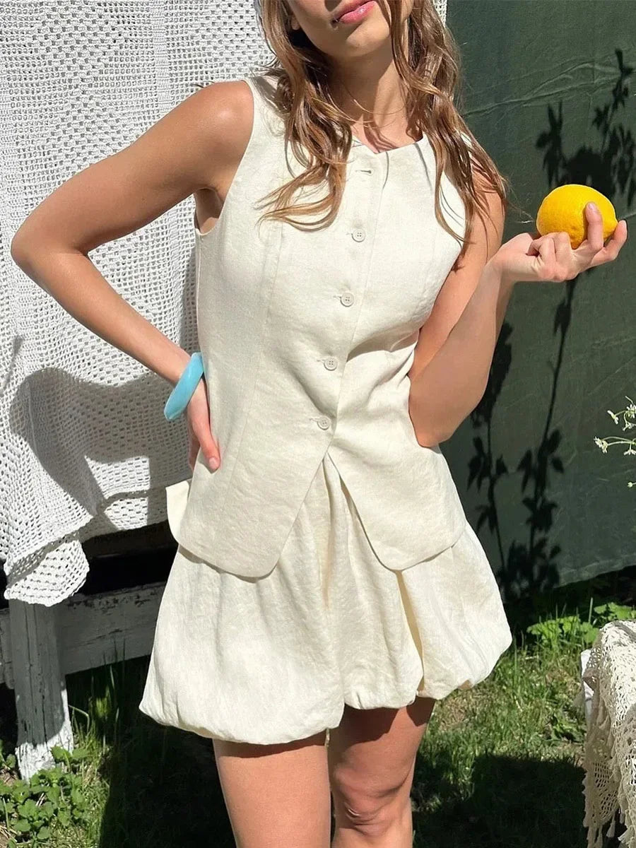 Casual Cotton Sleeveless Mini Skirt And Top Set for Women