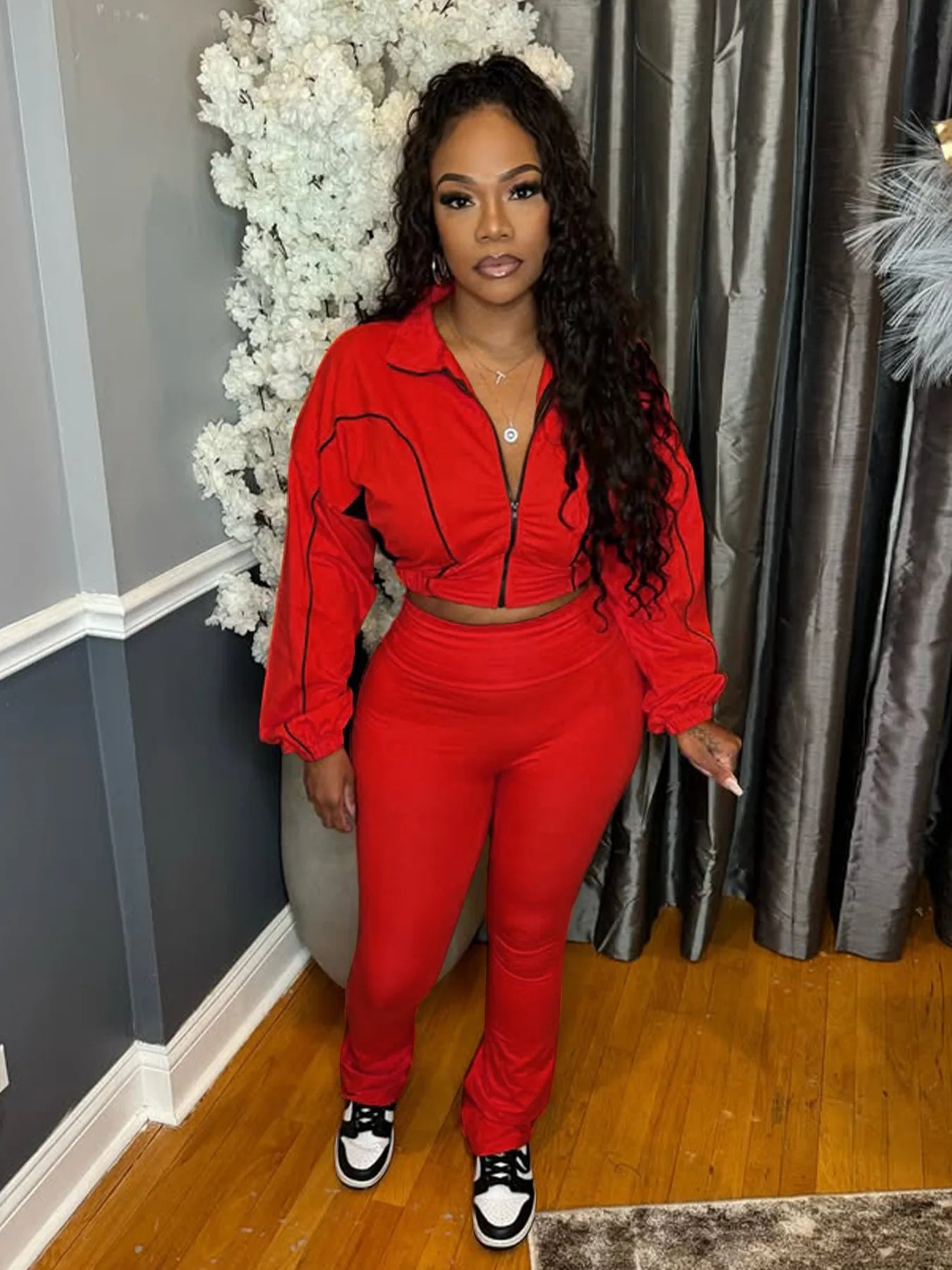 FAGADOER Casual Stripe Patchwork 2 Pieces Set for Woman Zip Long Sleeves Ruched Crop Top + Flare Pants Tracksuit Female Jogger