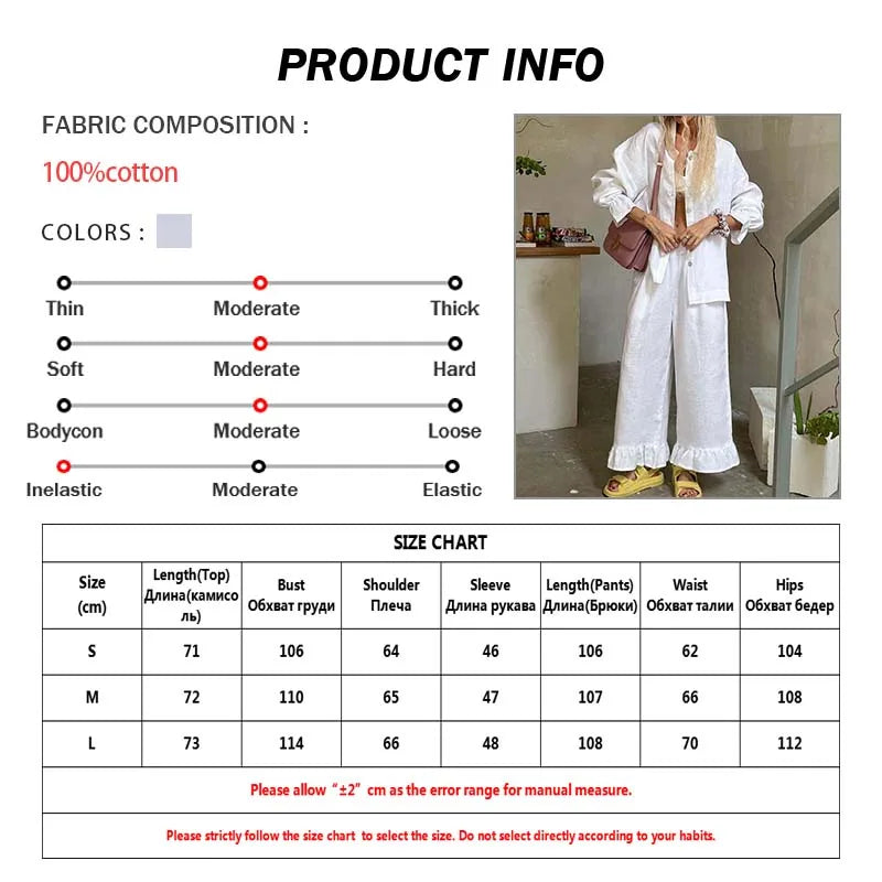 Oymimi Elegant White Cotton Sets For Women 2 Pieces Casual Lapel Long Sleeve Button Shirts And Ruffled Ankle-Length Pants Sets