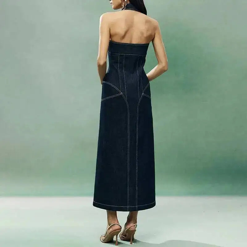ANJY Summer New Women's Tide High Street Y2K Chic Trendy Sleeveless Halter Neck Backless Waist Cinching Zipper Denim Dress A8053