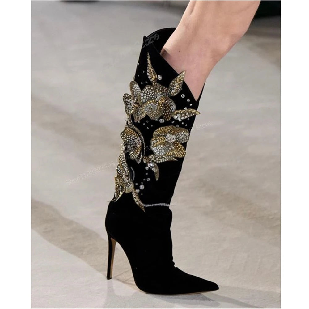 Black Suede Crystal Butterfly Knee High Boots For Women