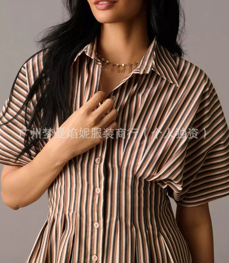 Elegant Striped Print Waist-Hugging A-Line Midi Dress for Women