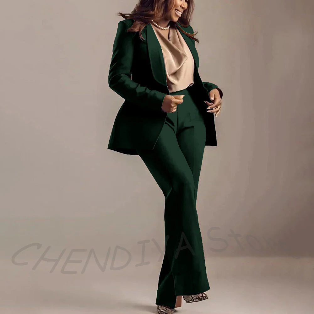 Classic Brown Women Suits Shawl Lapel Slim Fit Solid Color Formal Sets 2 Piece High Quality Office Lady Outfits Jacket Pants
