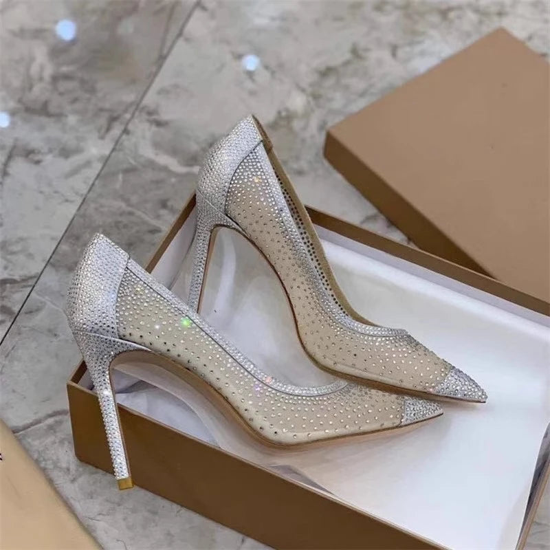 Rhinestone Mesh Pointed Toe Thin High Heels for Women