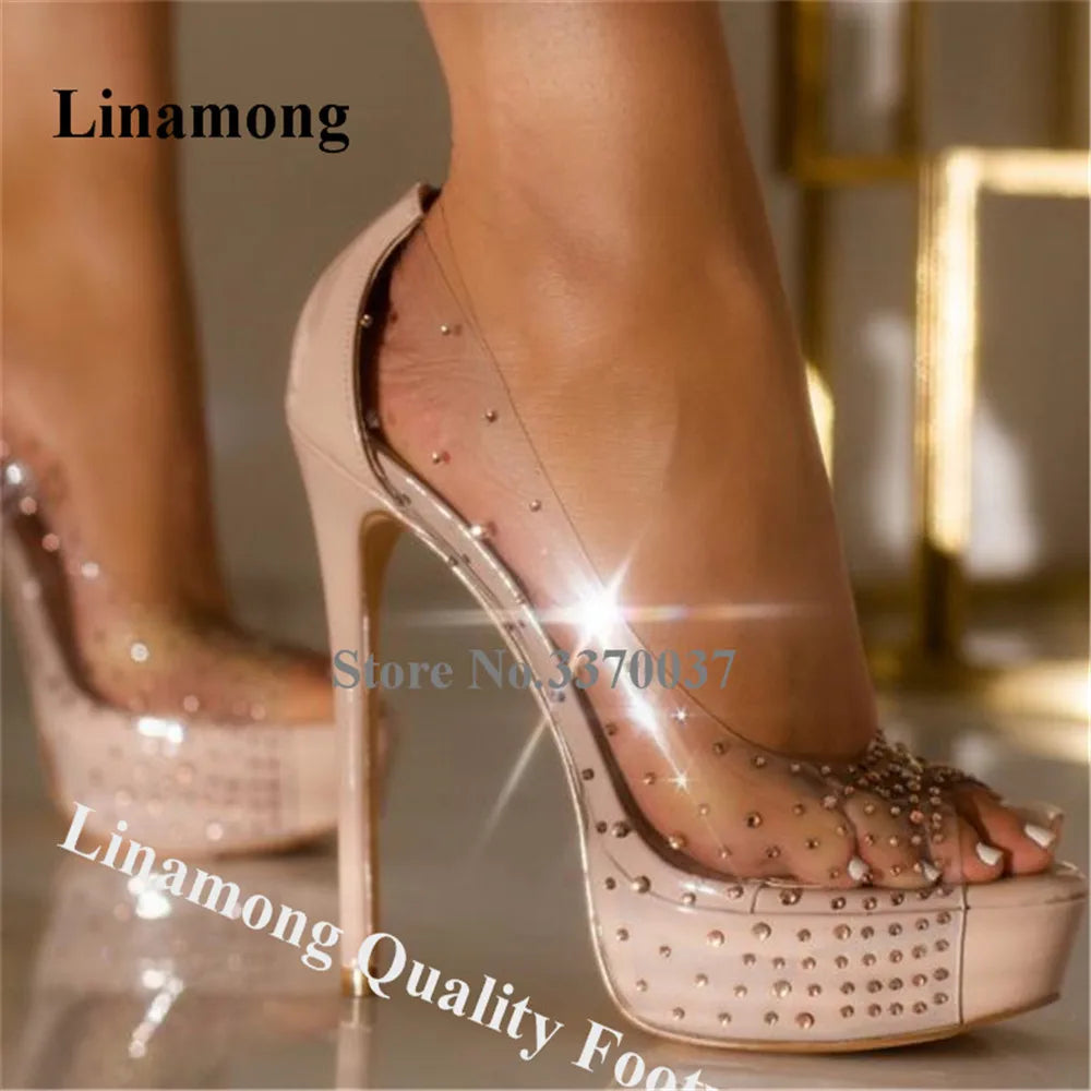 Elegant Peep Toe Platform Stiletto Pumps With Rhinestones For Women