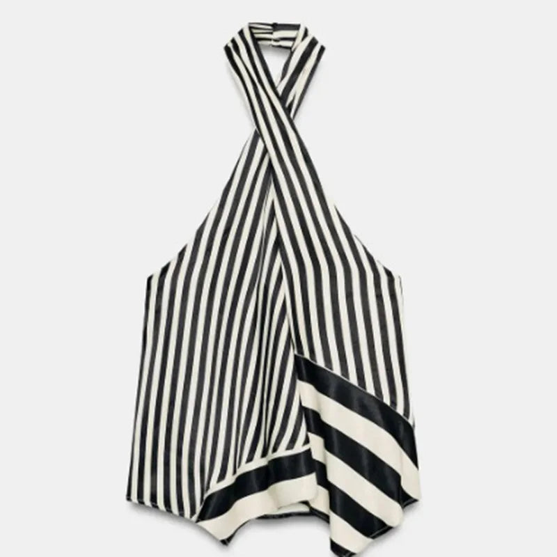 Striped Criss Cross Halter Two Piece Wide Leg Pants Set For Women