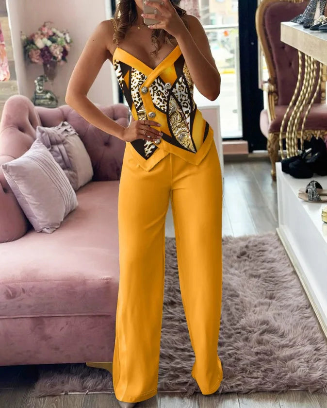 V-Neck Metal Suspender Top Two-Piece Set for Women